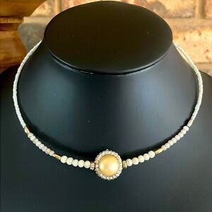 Artisan Choker with rhinestone surrounded double sided faux pearl pendant